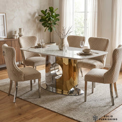 Madrid Marble Dining Table – Cream or Grey Marble with Silver & Gold Pedestal Base
