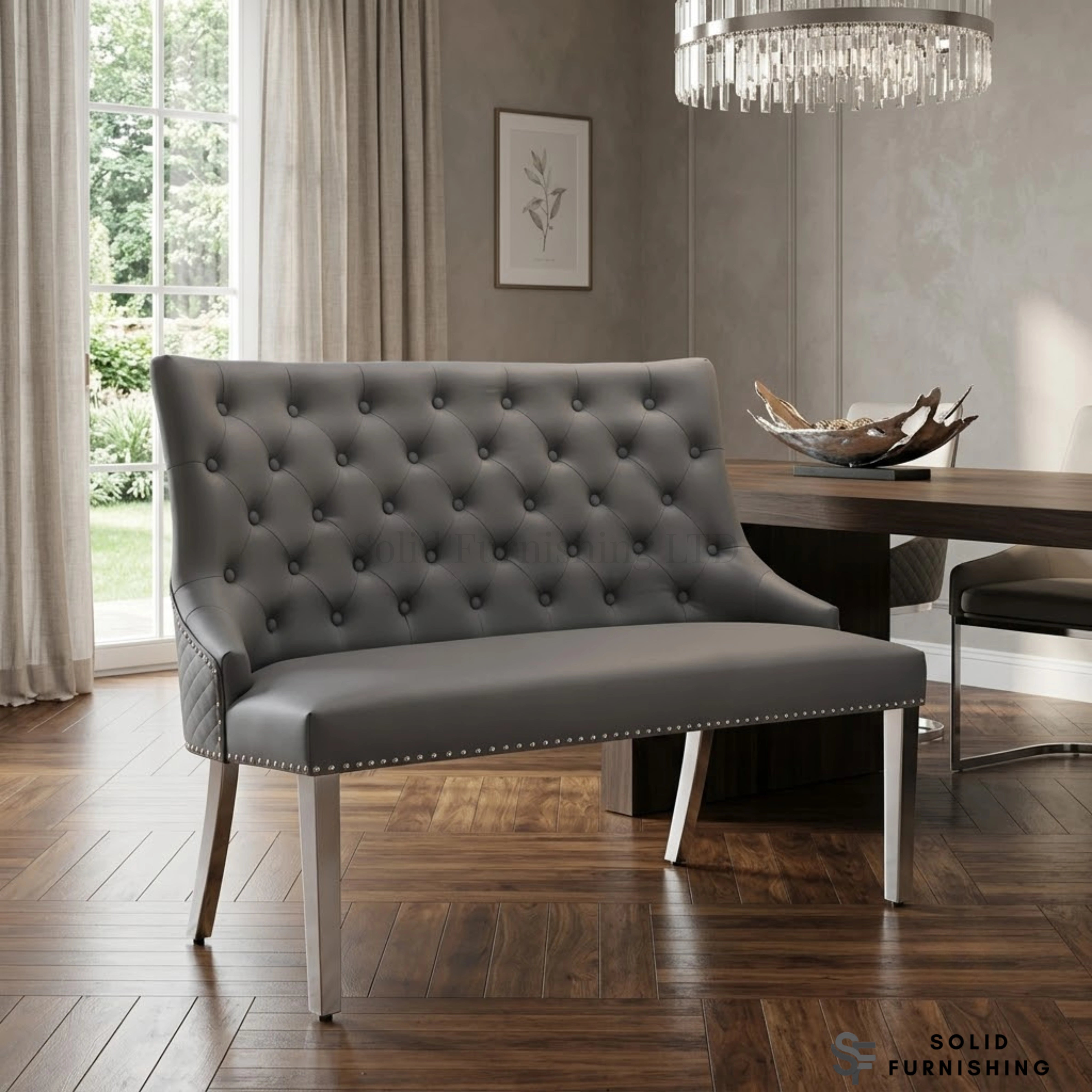 Majestic Grey PU High Back Dining Bench with Chrome Legs – Lion Knocker Back Bench