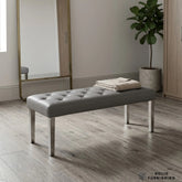 Majestic Hudson Grey PU Leather Bench – Buttoned Dining Bench with Stainless Steel Legs