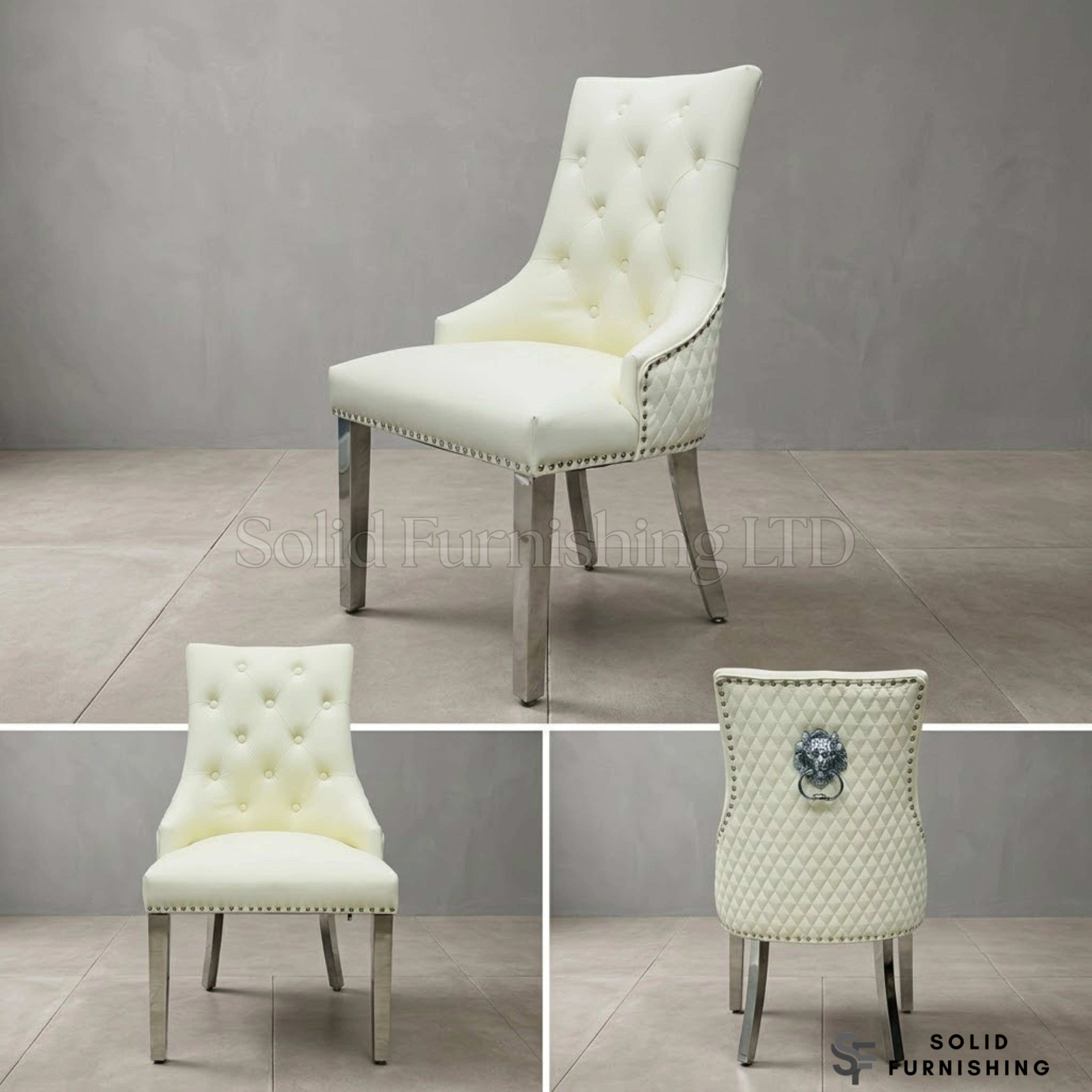 Majestic PU Leather Lion Knocker Dining Chairs – Black, Cream or Grey with Chrome Legs (Set of 2)
