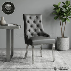 Majestic PU Leather Lion Knocker Dining Chairs – Black, Cream or Grey with Chrome Legs (Set of 2)