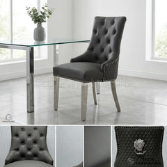 Majestic PU Leather Lion Knocker Dining Chairs – Black, Cream or Grey with Chrome Legs (Set of 2)