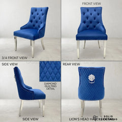 Majestic Plush Velvet Lion Knocker Dining Chairs – Navy, Dark Grey, Mink and Black With Silver Legs (Set of 2)