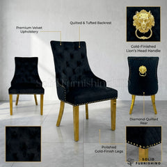 Majestic Plush Velvet Lion Knocker Dining Chairs with Gold Legs – Set of 2