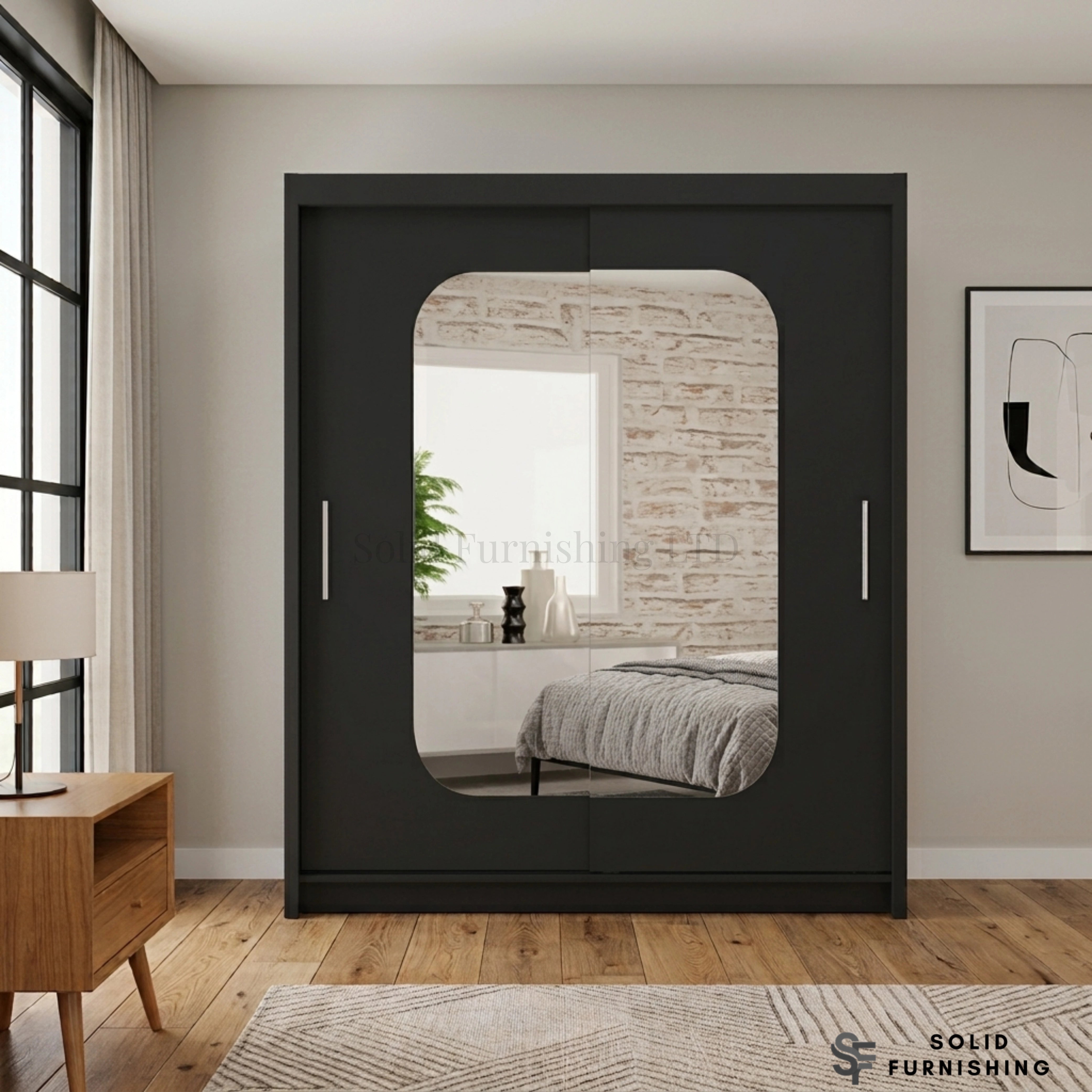 Marika Black Sliding Wardrobe with Rounded Mirror – Modern Bedroom Storage Wardrobe