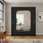 Marika Black Sliding Wardrobe with Rounded Mirror – Modern Bedroom Storage Wardrobe