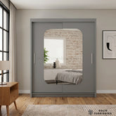 Marika Grey Sliding Wardrobe with Curved Mirror – Space-Saving Bedroom Wardrobe