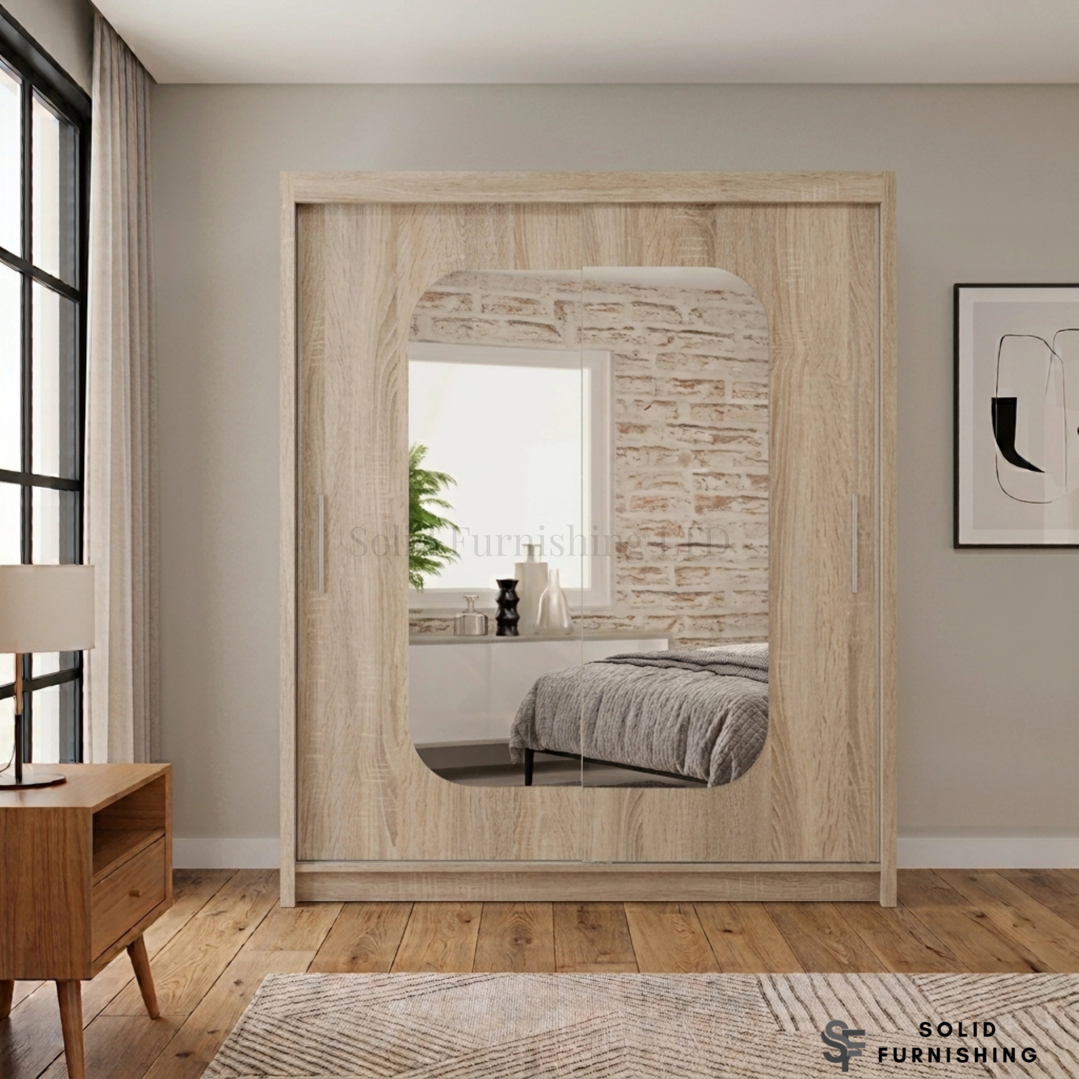 Marika Oak Sliding Wardrobe with Rounded Mirror – Natural Wood Effect Bedroom Wardrobe