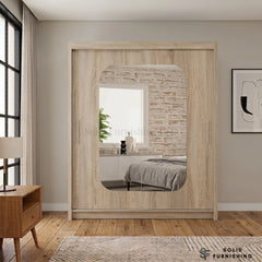 Marika Oak Sliding Wardrobe with Rounded Mirror – Natural Wood Effect Bedroom Wardrobe