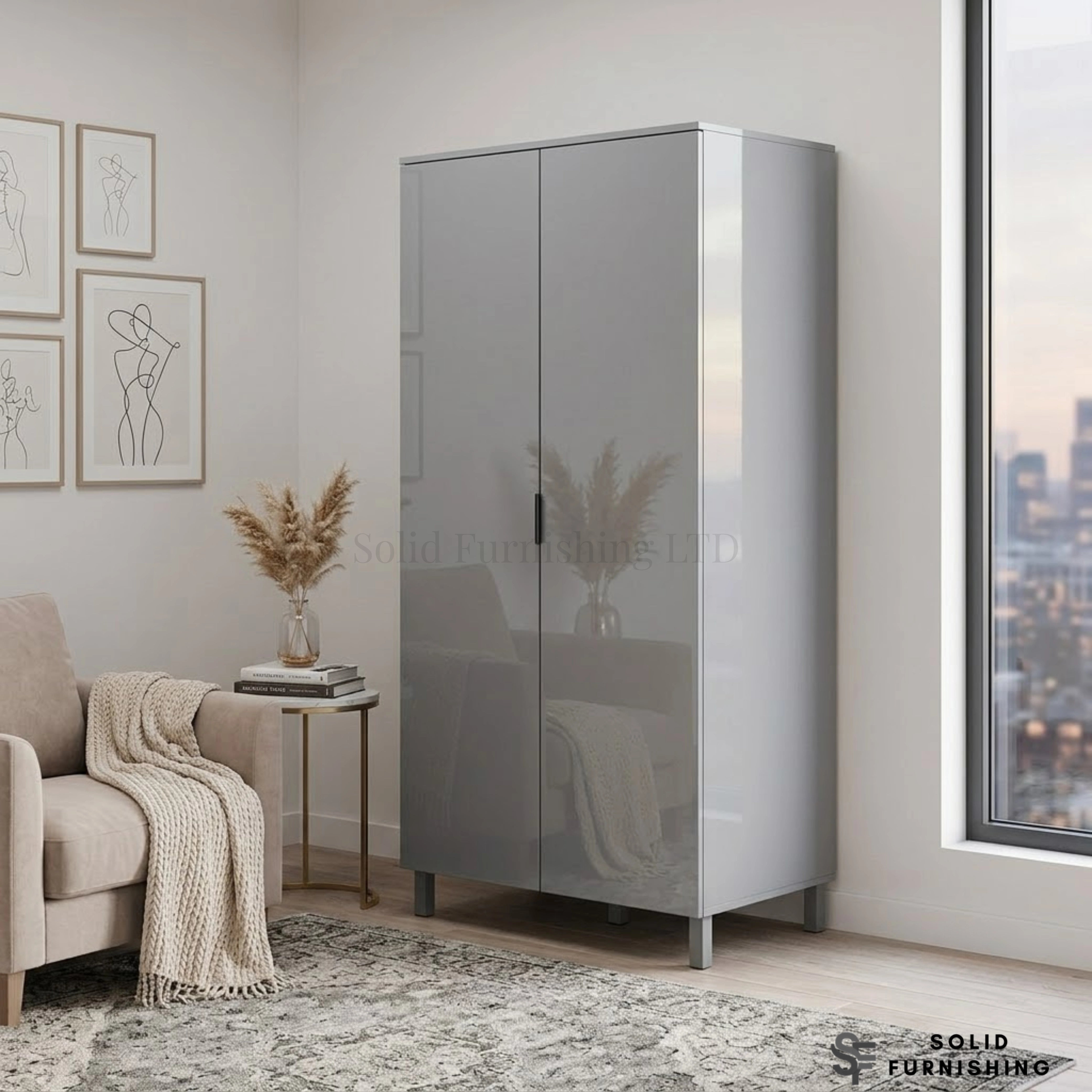 Milan Grey High Gloss 2 Door Wardrobe – Modern Bedroom Storage Wardrobe