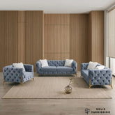 Paris Grey Shimmer Sofa Set – 3+2 Seater & Armchair | Chesterfield Velvet with Gold Legs