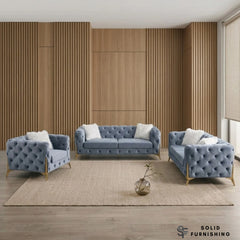 Paris Grey Shimmer Sofa Set – 3+2 Seater & Armchair | Chesterfield Velvet with Gold Legs