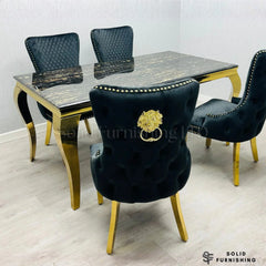 Sofia Black & Gold Marble Dining Table with Gold Cabriole Legs – Round & Rectangular Sizes