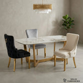 Sorrento Cream Oval Ceramic Dining Table & Victoria Knocker Back Chairs – Luxury Gold Dining Set UK