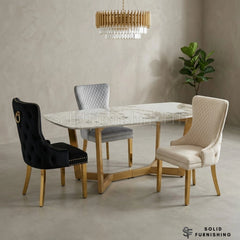 Sorrento Cream Oval Ceramic Dining Table & Victoria Knocker Back Chairs – Luxury Gold Dining Set UK