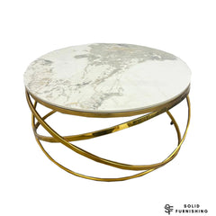 Stig Gold Round Coffee Table – Cream Sintered Stone Top with Sculptural Ring Frame