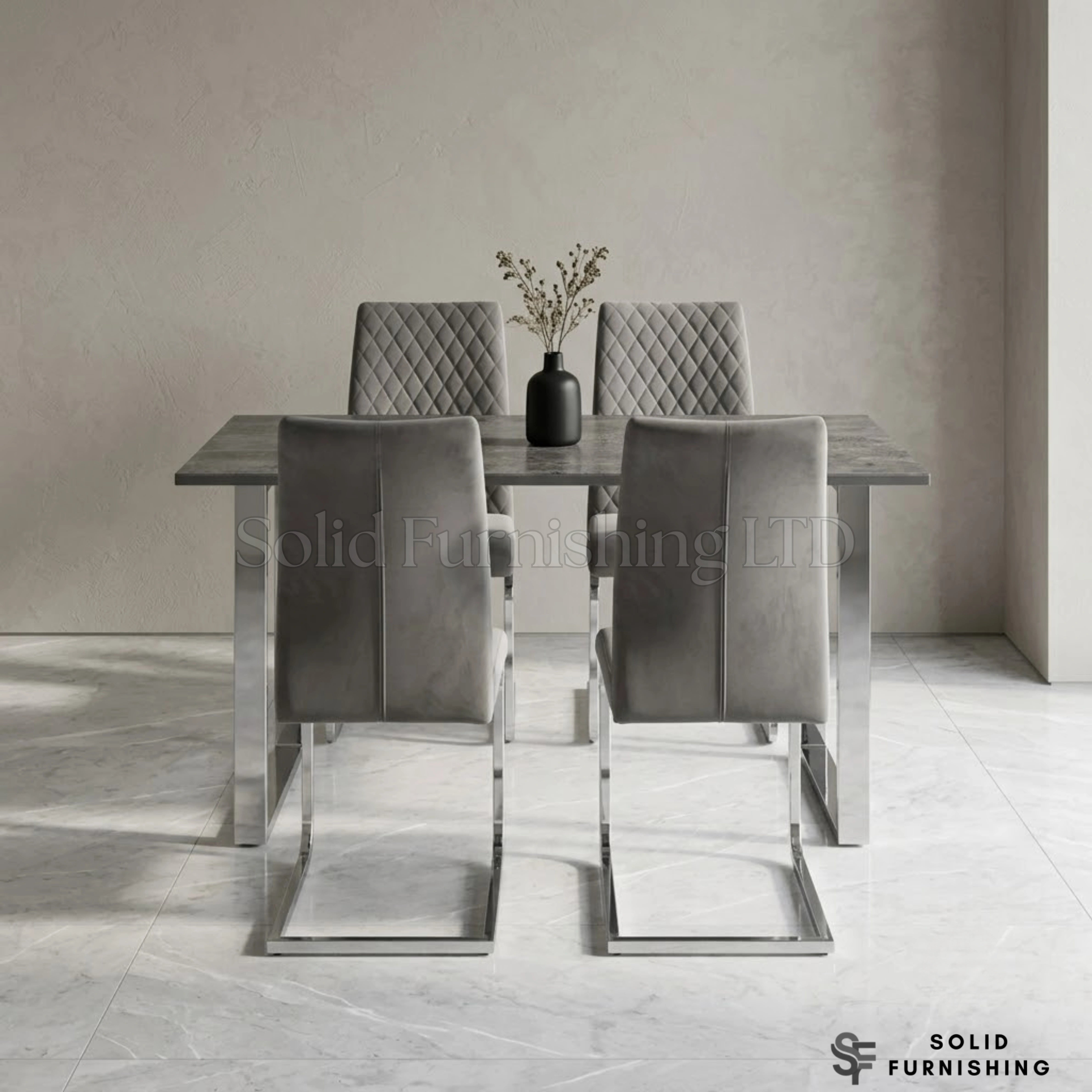 Tokyo 4 Seater Grey Stone Effect Glass Dining Set – 120cm Table & 4 Chairs