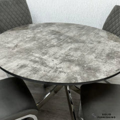 Tokyo Round Grey Stone Effect Glass Dining Table – Chrome Base