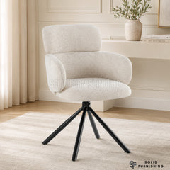 Tuscany Beige 360 Swivel Dining Chairs – Upholstered Armchairs with Black Base (Set of 2)