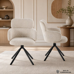 Tuscany Beige 360 Swivel Dining Chairs – Upholstered Armchairs with Black Base (Set of 2)
