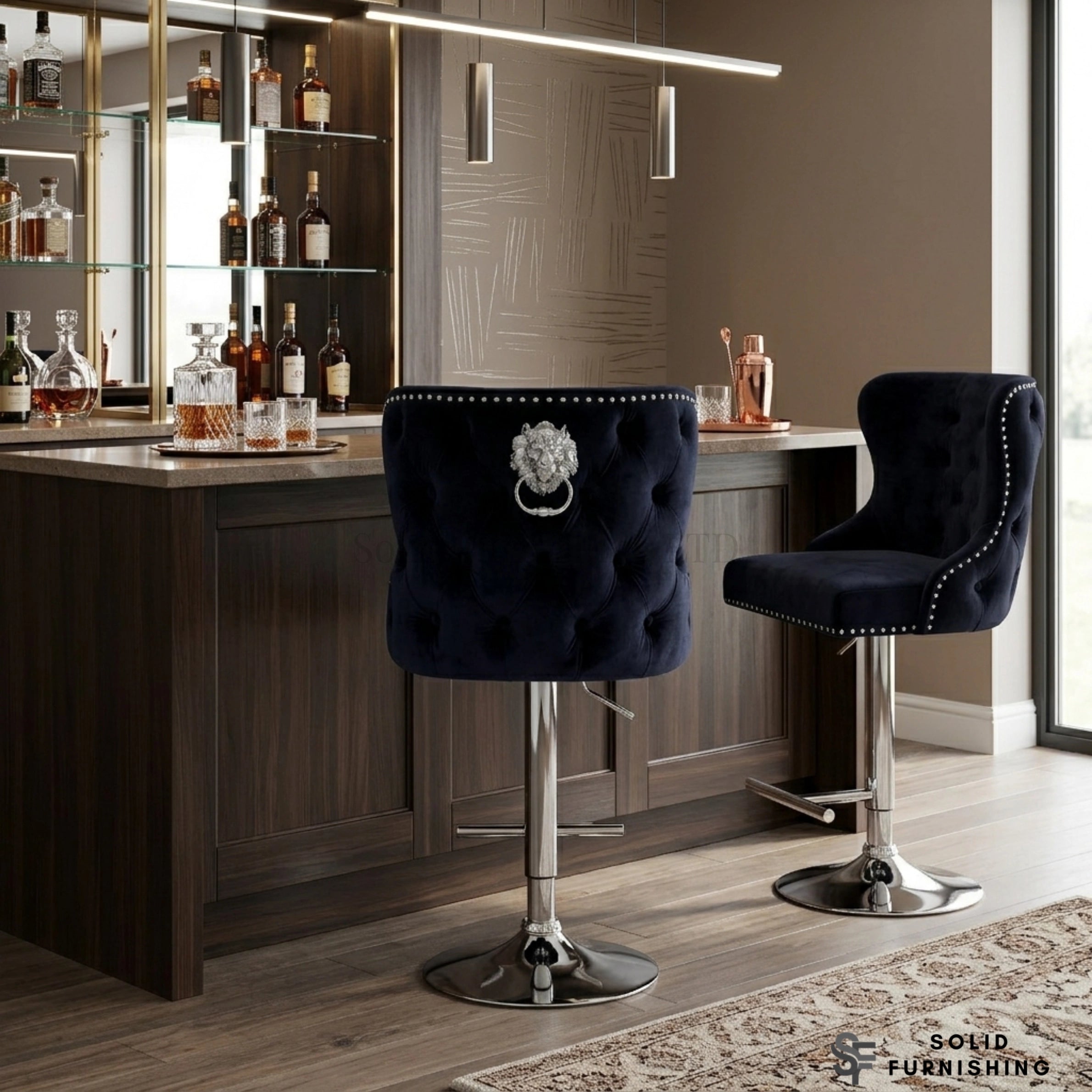 Valentino Black Velvet Adjustable Bar Stool – Chrome Lion Knocker Breakfast Bar Chair