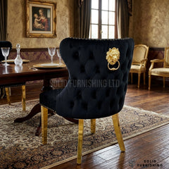 Valentino Gold Lion Knocker Velvet Dining Chairs – Black or Mink (Set of 2)