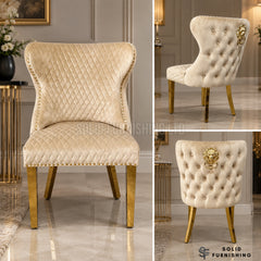 Valentino Gold Lion Knocker Velvet Dining Chairs – Black or Mink (Set of 2)