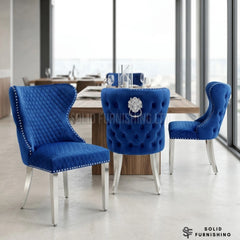 Valentino Lion Knocker Velvet Dining Chairs in Chrome Legs (Set of 2)