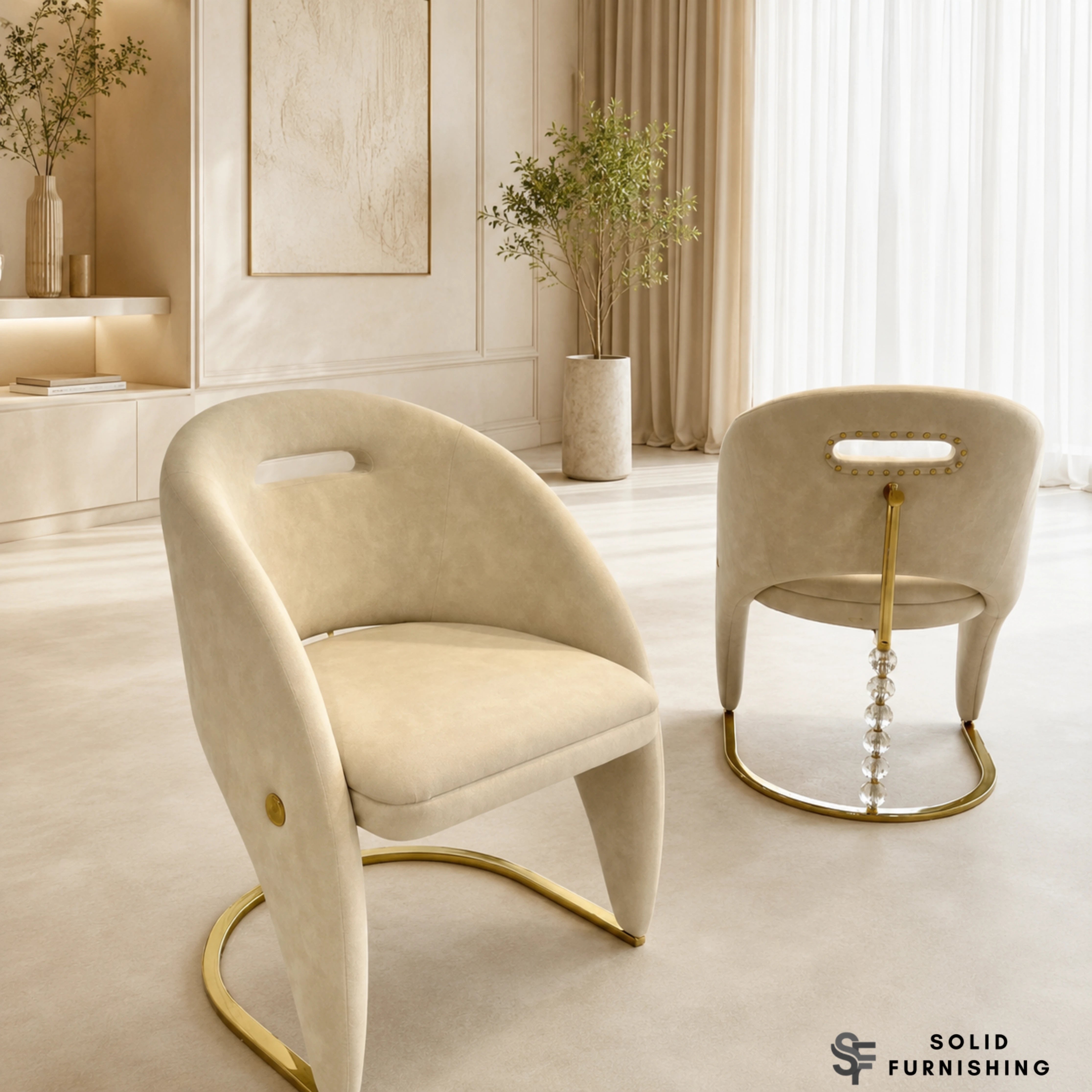 Vegas Cream & Gold Dining Chairs – Curved Fabric Premium Dining Chair (Set of 2)