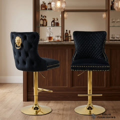 Victoria Black & Gold Velvet Bar Stool – Lion Knocker Breakfast Bar Chair (Set of 2)
