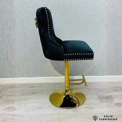 Victoria Black & Gold Velvet Bar Stool – Lion Knocker Breakfast Bar Chair (Set of 2)
