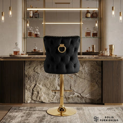Victoria Black & Gold Velvet Bar Stool – Ring Knocker Breakfast Bar Chair (Set of 2)