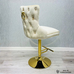 Victoria Cream & Gold Ring Knocker Bar Stools – Set of 2 Velvet Breakfast Bar Chairs