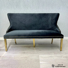 Victoria High Back Shimmer Fabric Dining Bench – Luxury Knocker Back Bench in Black Gold or Cream Gold