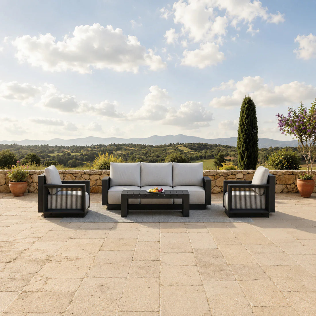 Garden furniture collection with outdoor dining sets, sun loungers, parasols, hanging egg chairs, and patio sofa sets for UK homes