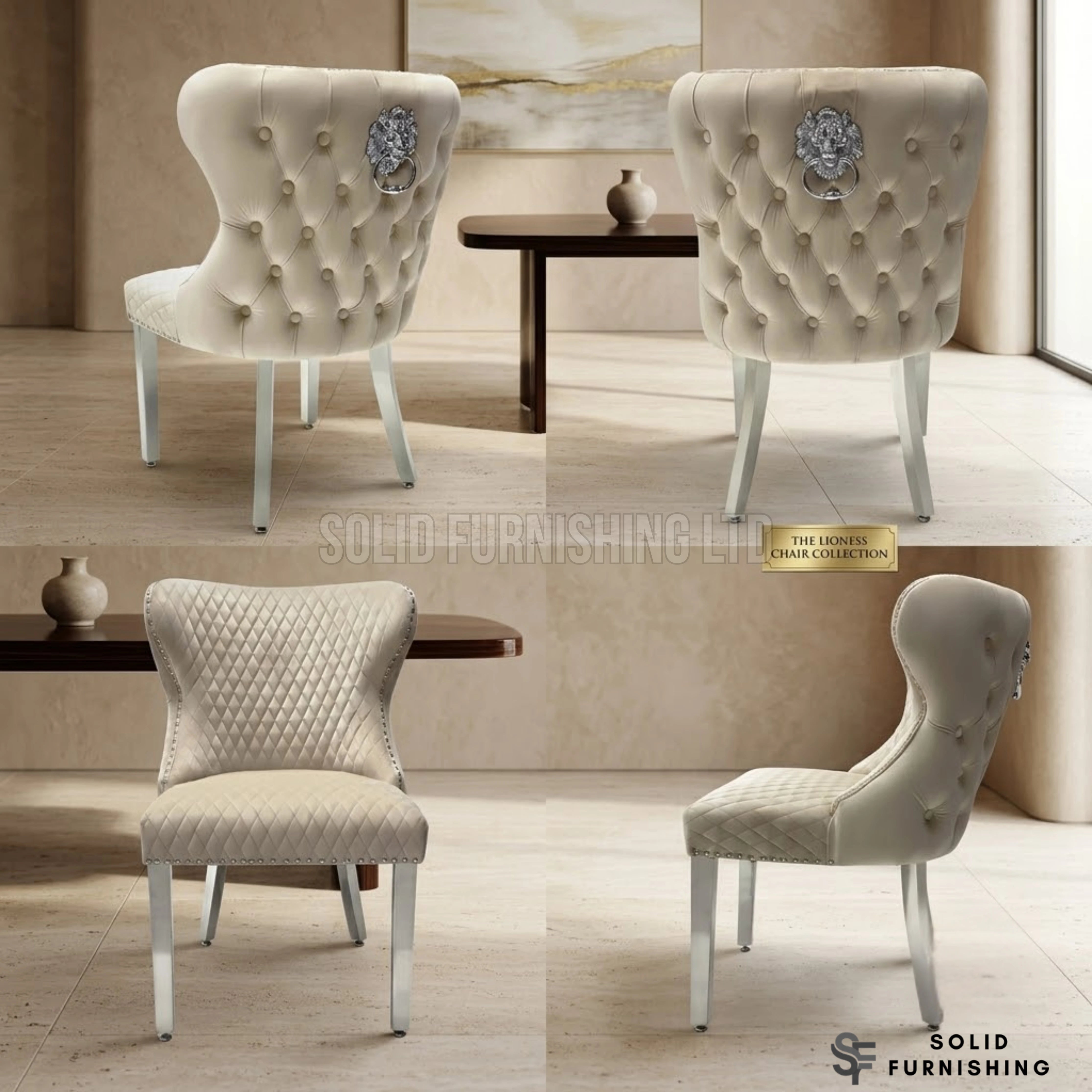 Valentino Lion Knocker Velvet Dining Chairs in Chrome Legs (Set of 2)