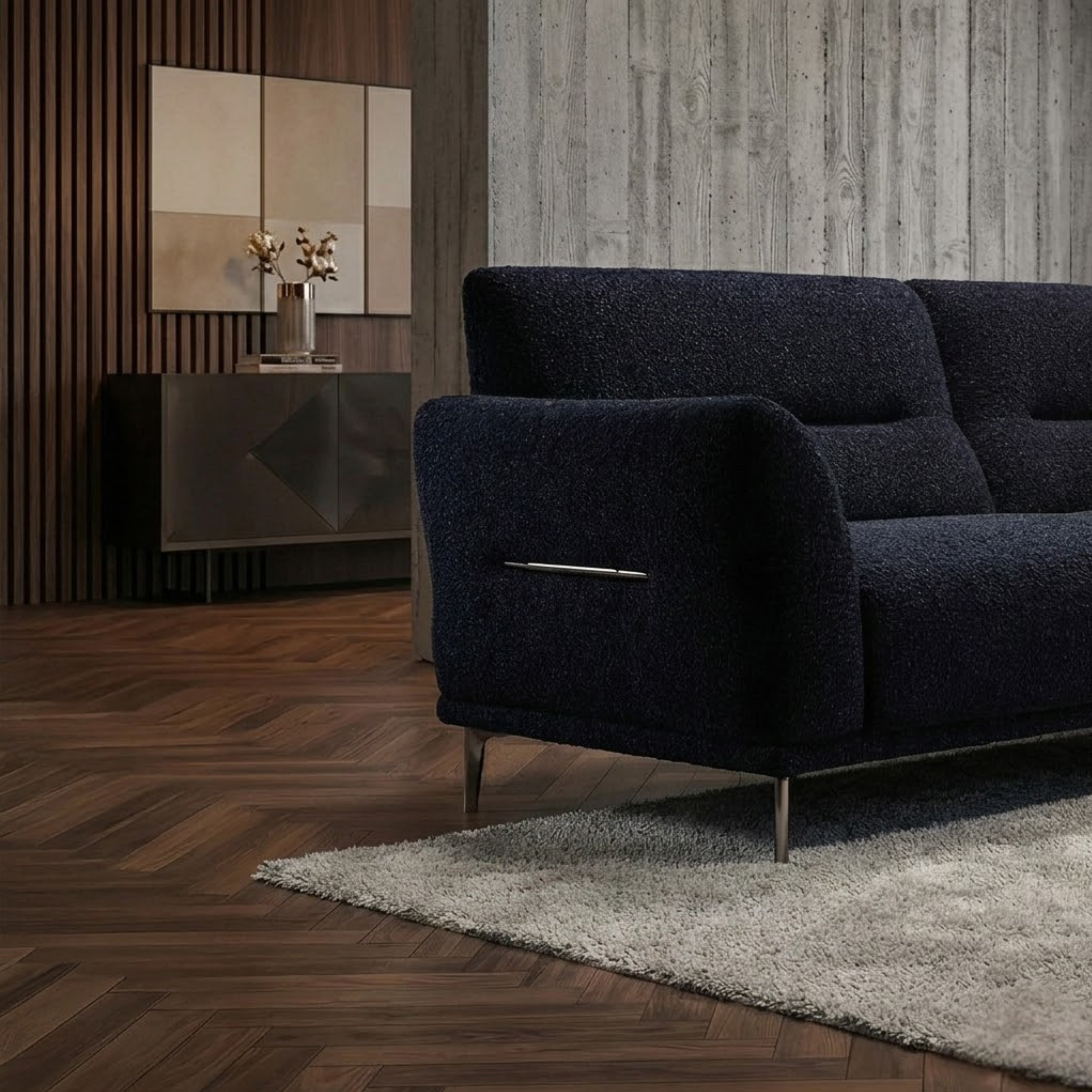 Albany Sofa Set 4+3+2 Seater with Footstool – Black Bouclé Fabric Sofa Set UK
