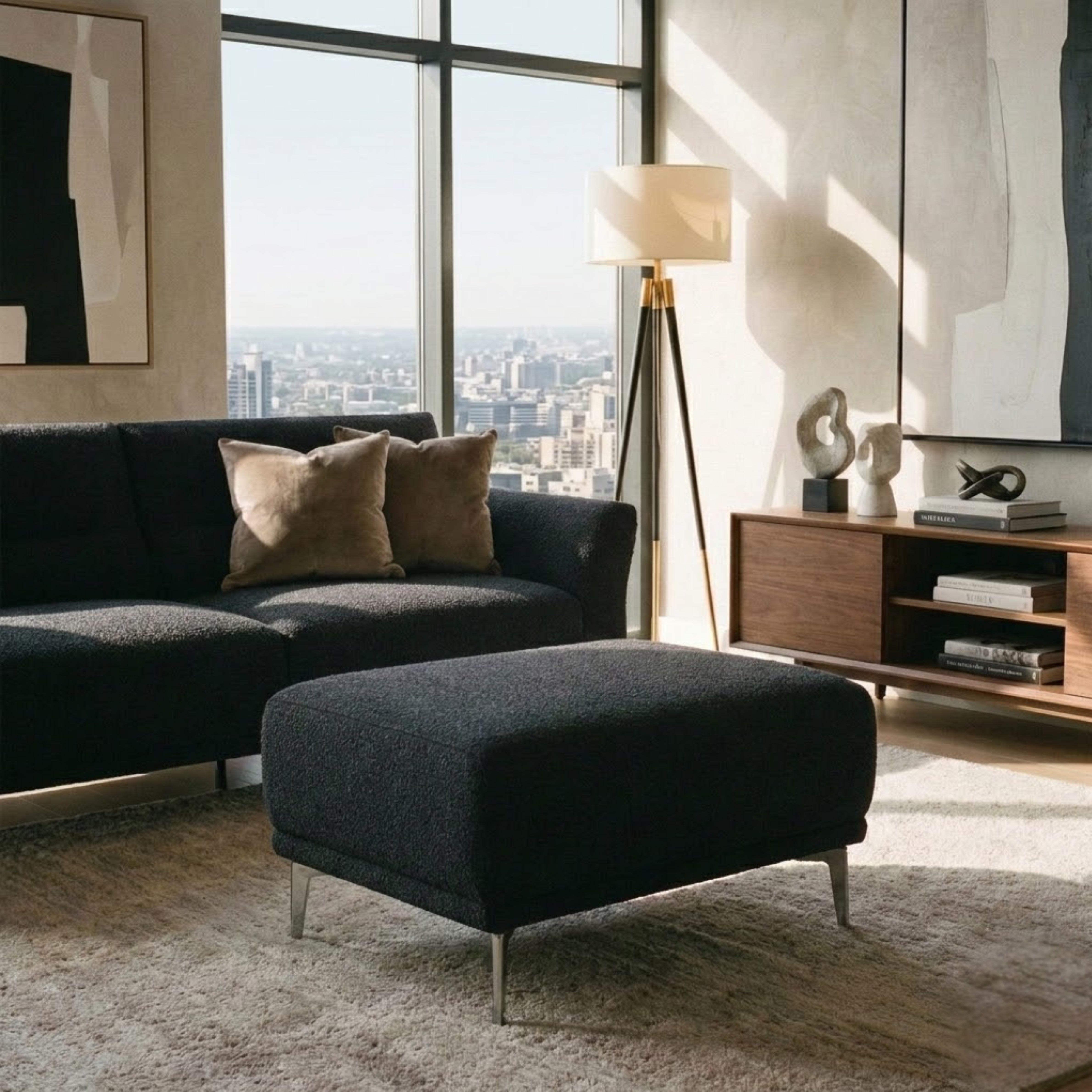 Albany Sofa Set 4+3+2 Seater with Footstool – Black Bouclé Fabric Sofa Set UK