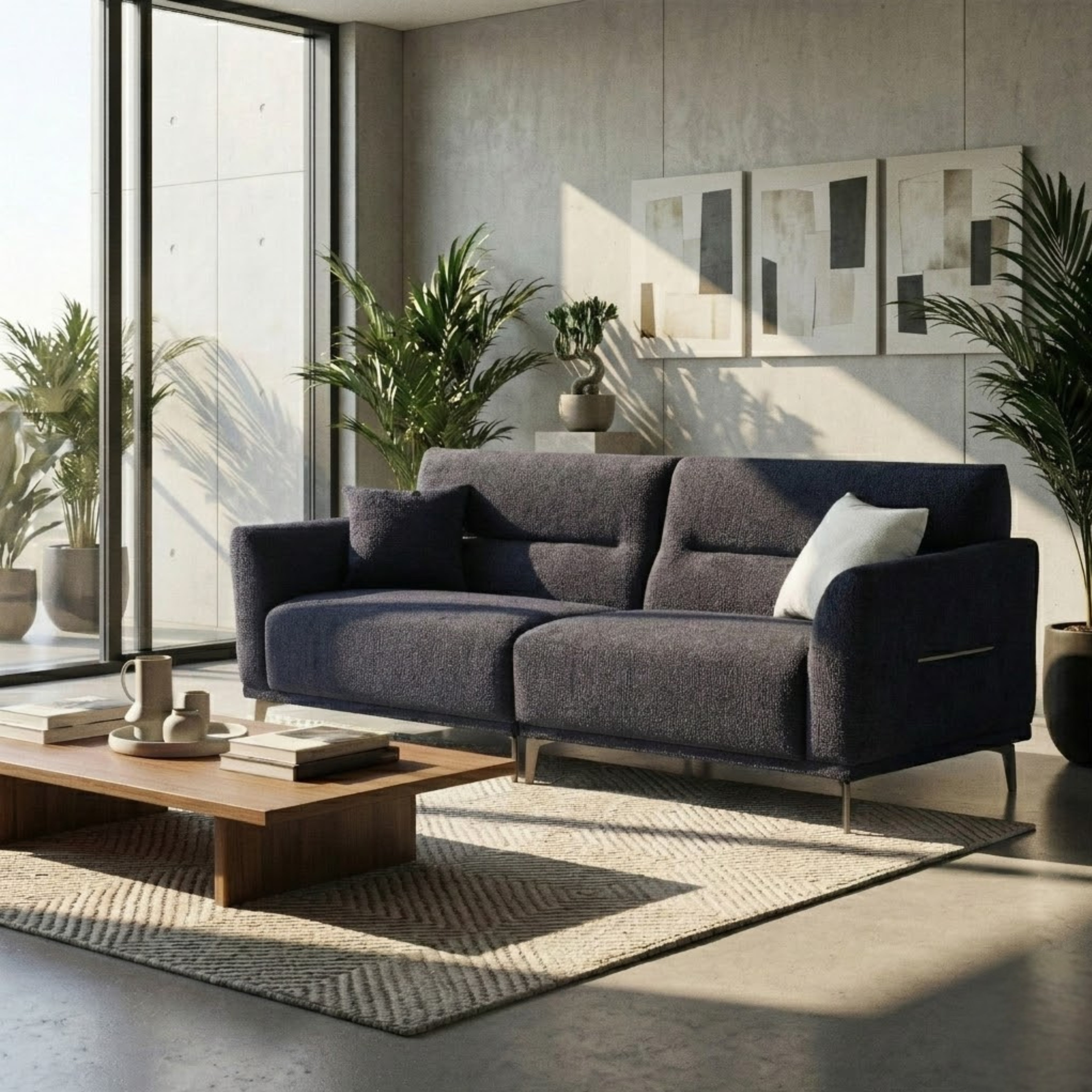 Albany Sofa Set 4+3+2 Seater with Footstool – Black Bouclé Fabric Sofa Set UK
