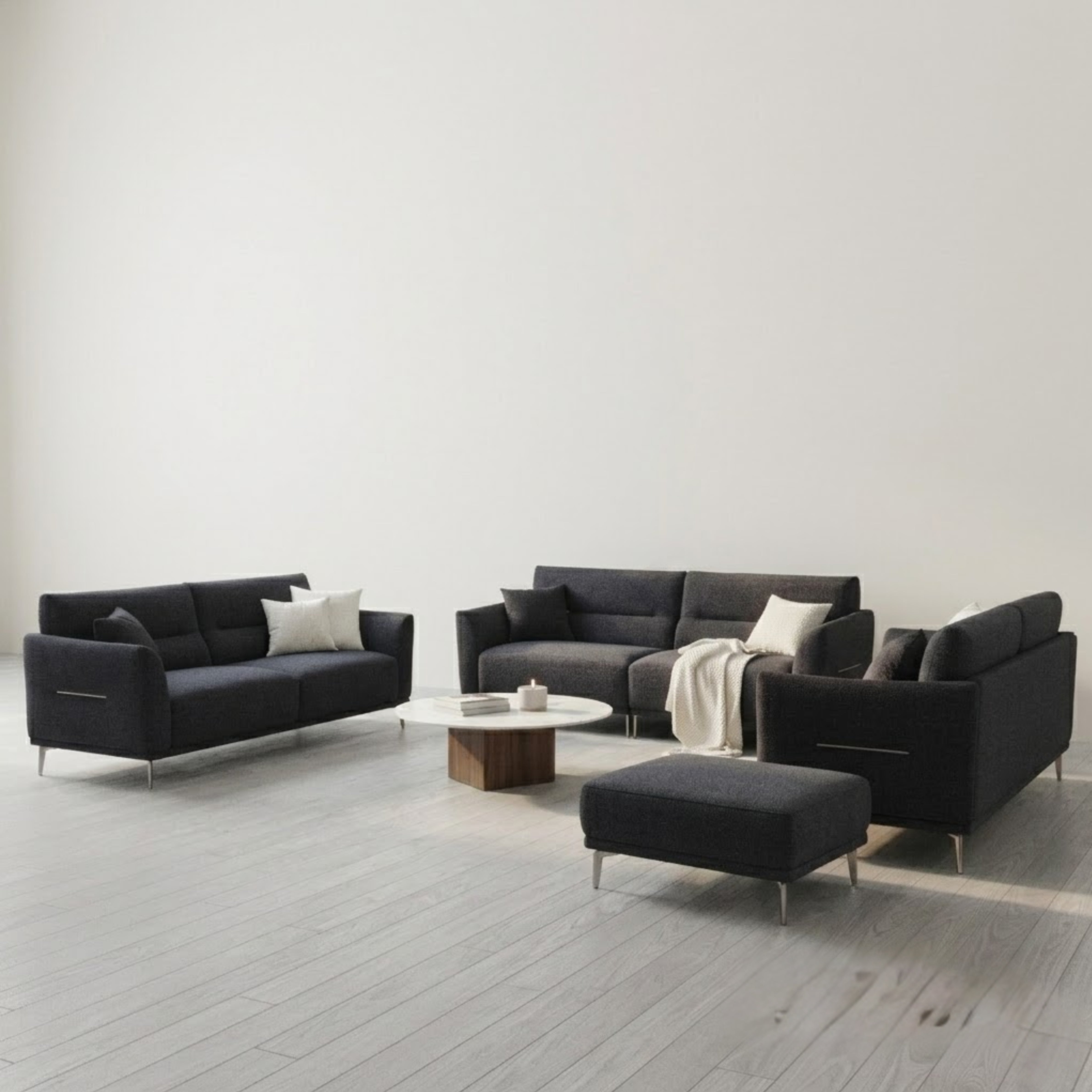 Albany Sofa Set 4+3+2 Seater with Footstool – Black Bouclé Fabric Sofa Set UK