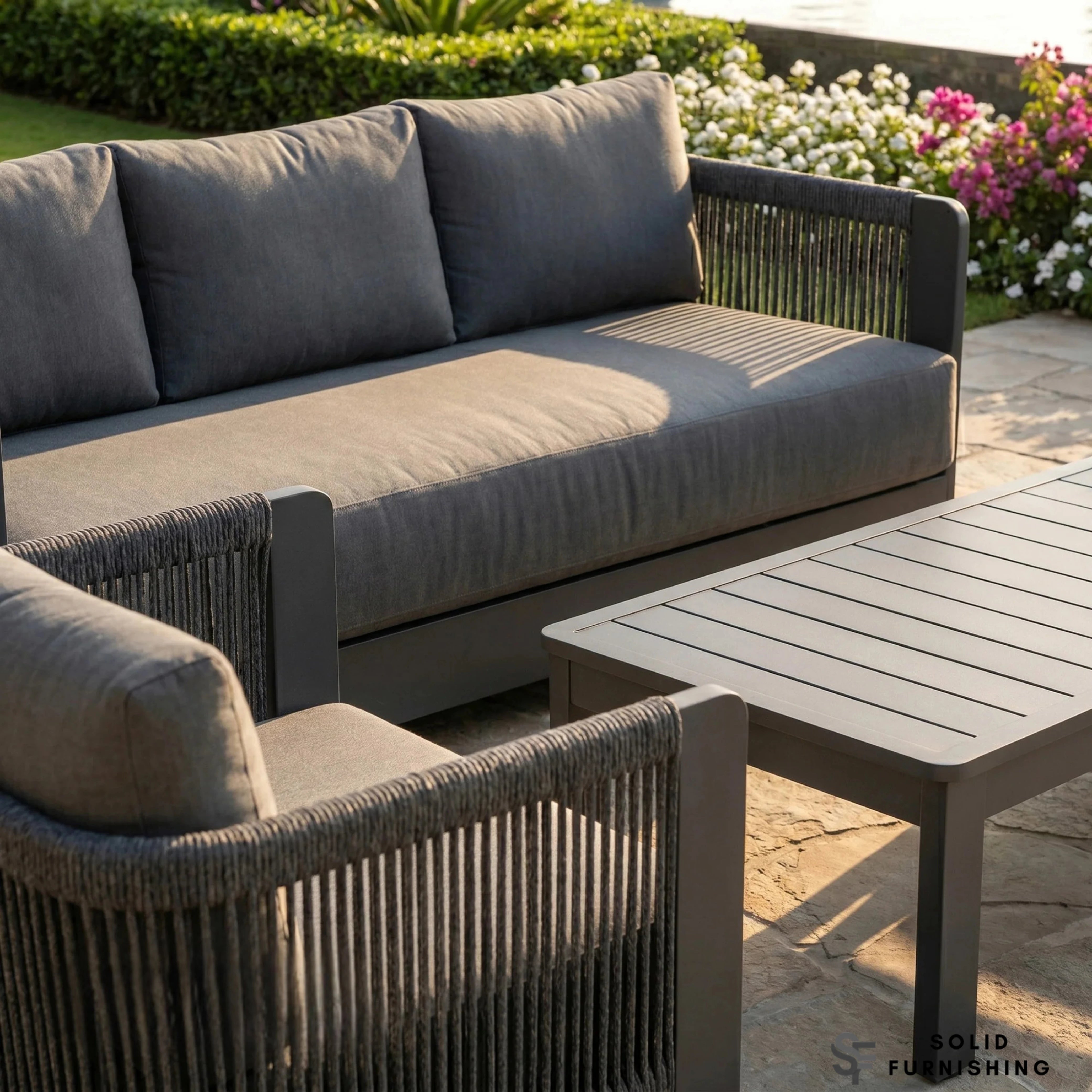 Ares 5 Seater Luxury Garden Lounge Set – Onyx Aluminium Outdoor Sofa Set with Pebble Grey Cushions