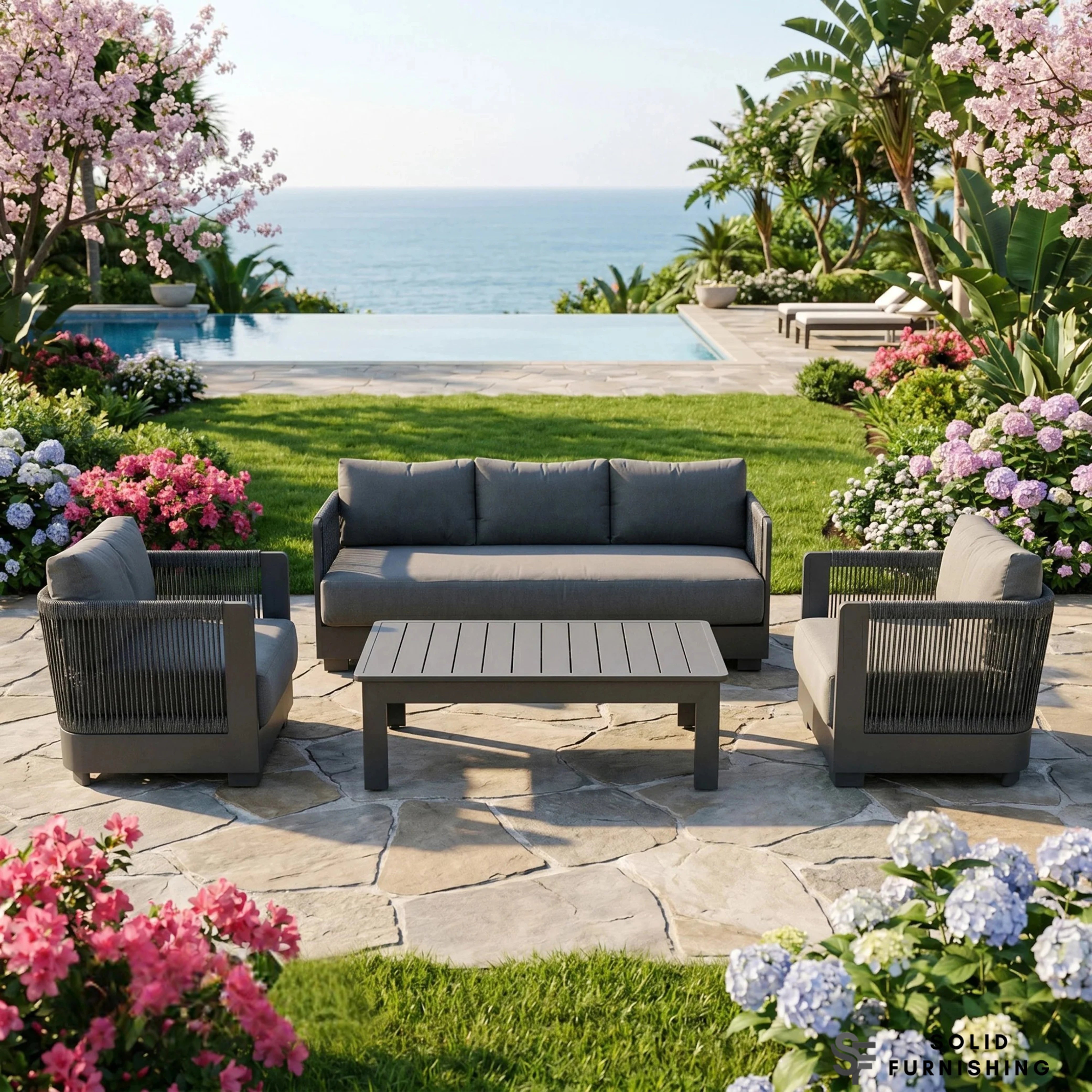 Ares 5 Seater Luxury Garden Lounge Set – Onyx Aluminium Outdoor Sofa Set with Pebble Grey Cushions