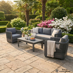 Ares 5 Seater Luxury Garden Lounge Set – Onyx Aluminium Outdoor Sofa Set with Pebble Grey Cushions
