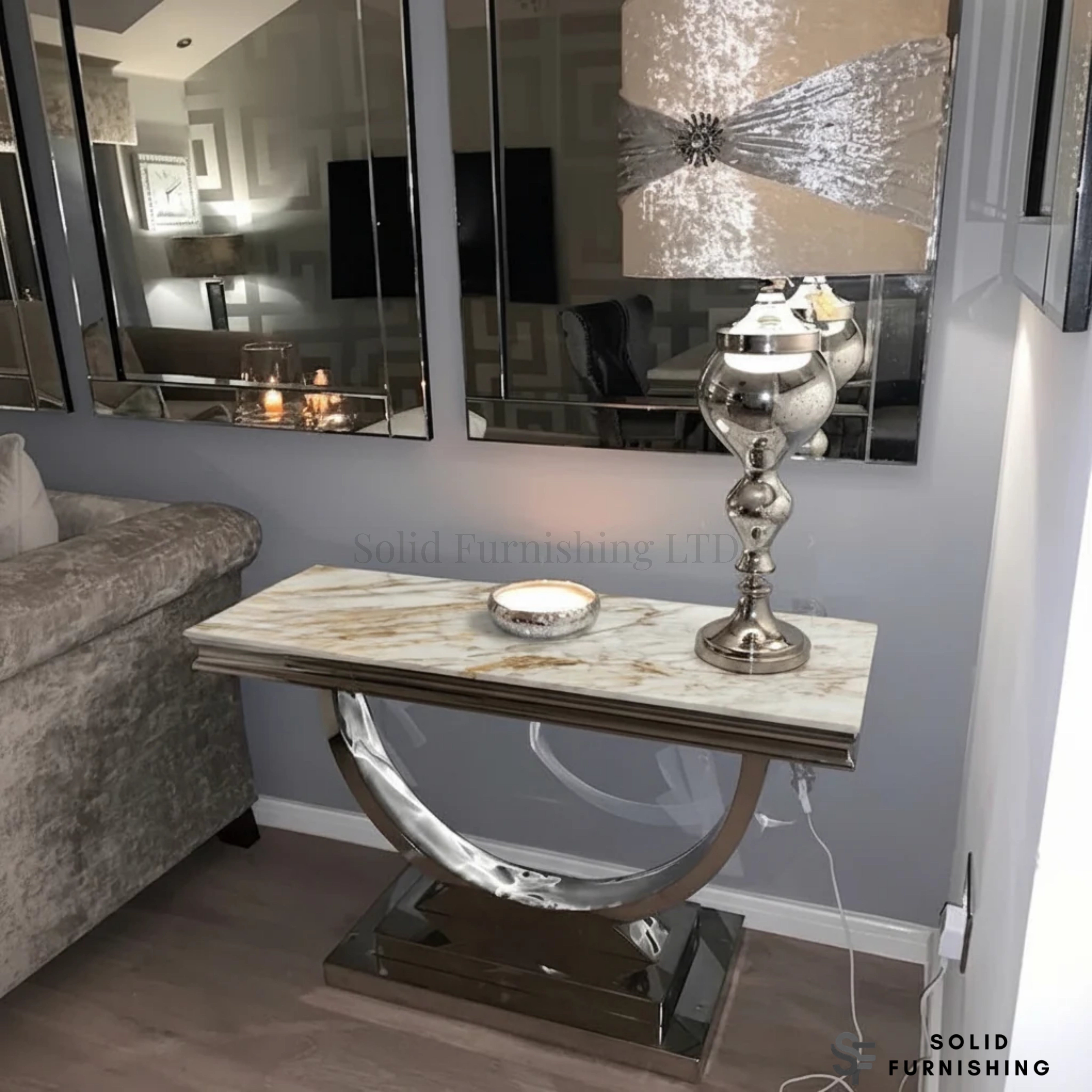 Ariana Chrome Console Table – Modern Hallway Table with Marble & Ceramic Top Options