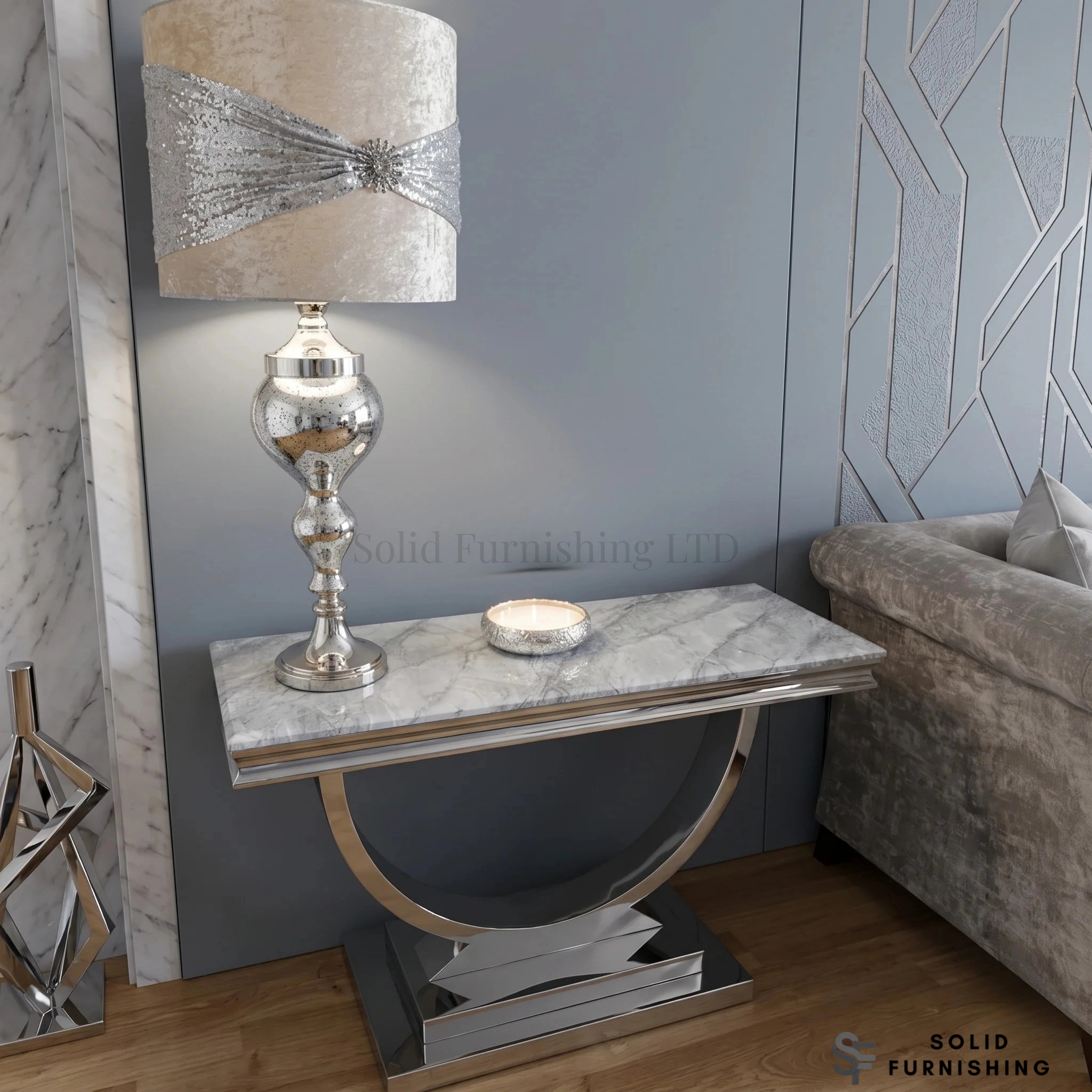 Ariana Chrome Console Table – Modern Hallway Table with Marble & Ceramic Top Options