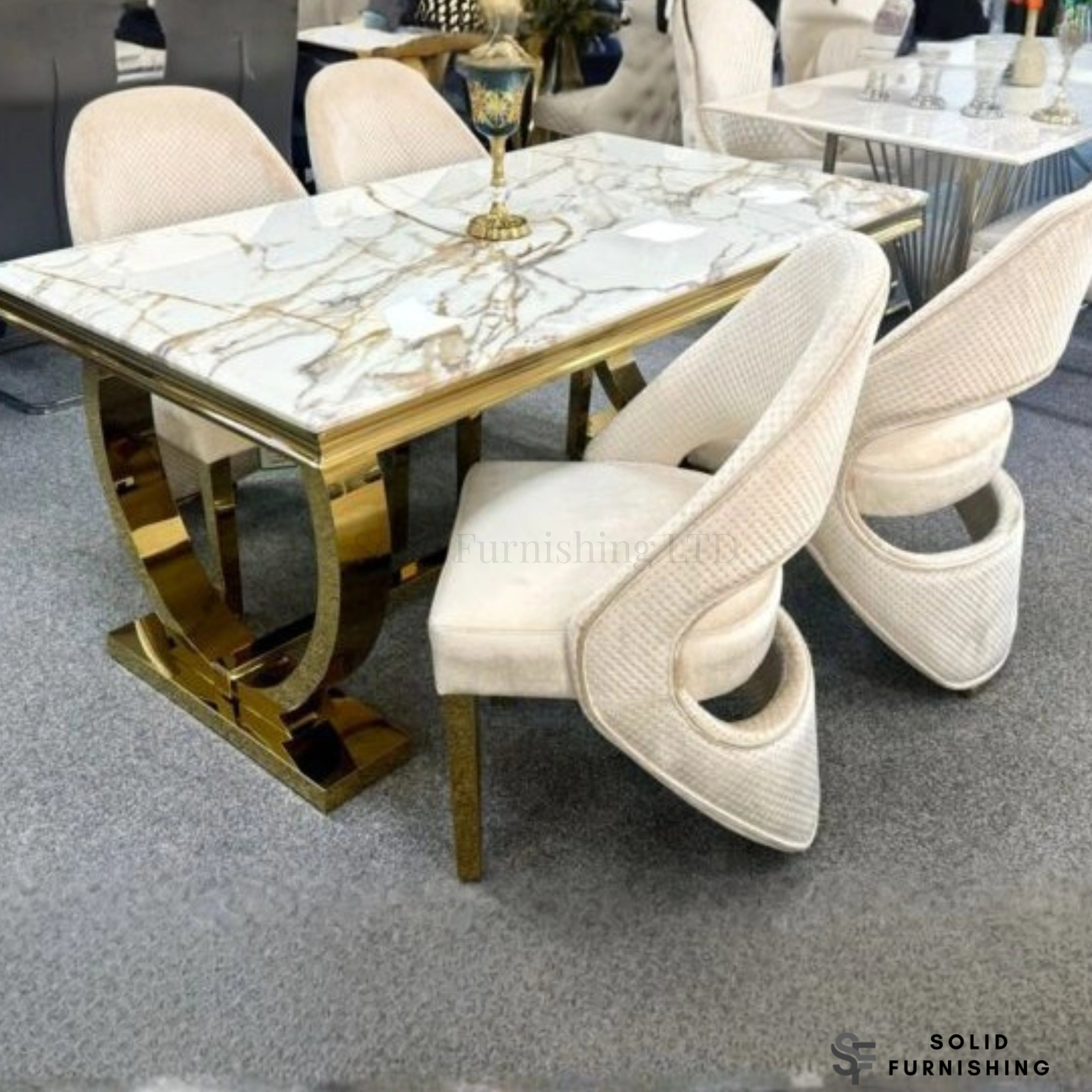 Arianna White & Gold Marble Dining Table – Luxury Gold Base Dining Table