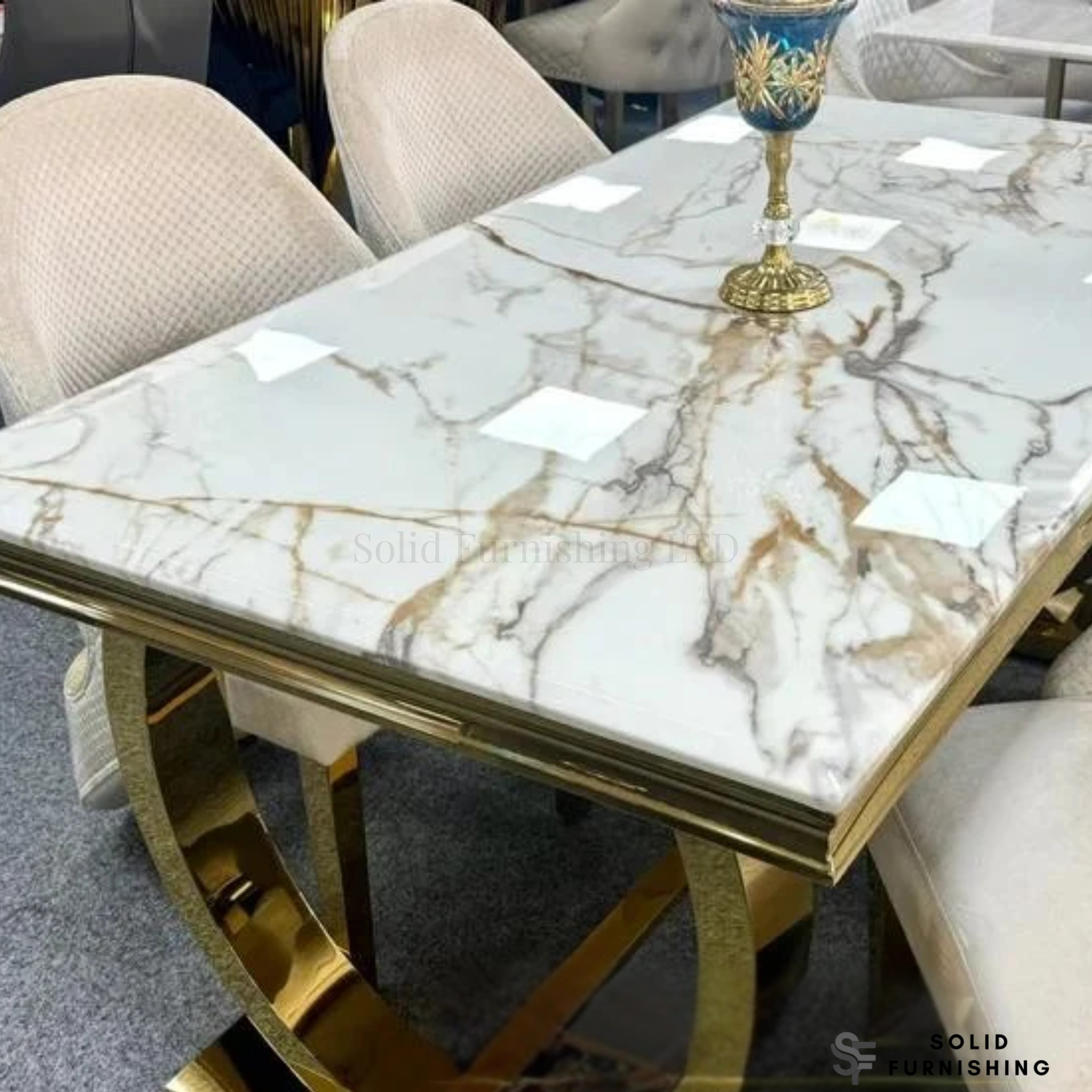 Arianna White & Gold Marble Dining Table – Luxury Gold Base Dining Table