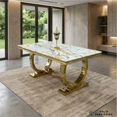 Arianna White & Gold Marble Dining Table – Luxury Gold Base Dining Table