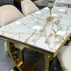 Arianna White & Gold Marble Dining Table – Luxury Gold Base Dining Table