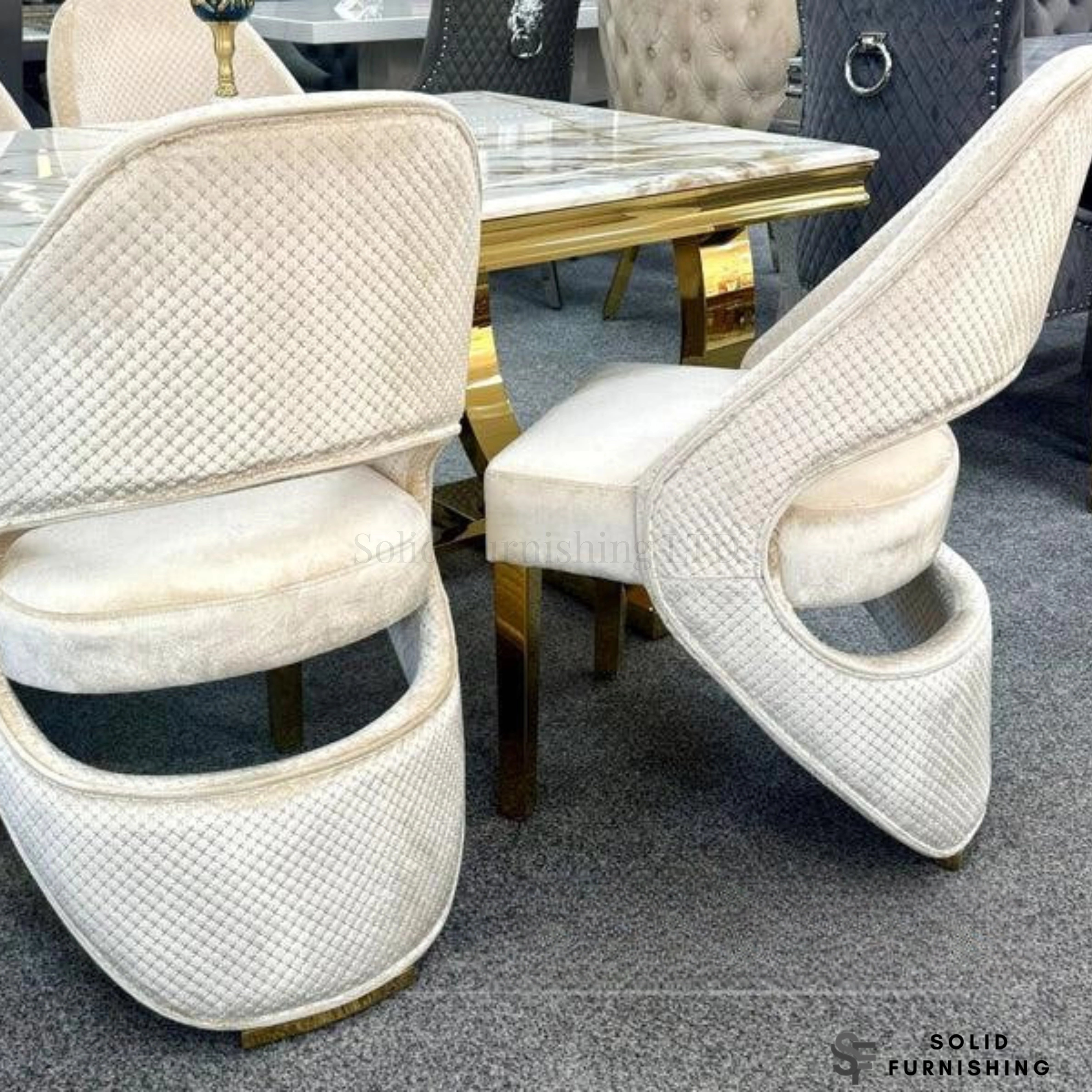 Arianna White & Gold Marble Dining Table with Cream Gold Santorini Chairs – Luxury Dining Set UK